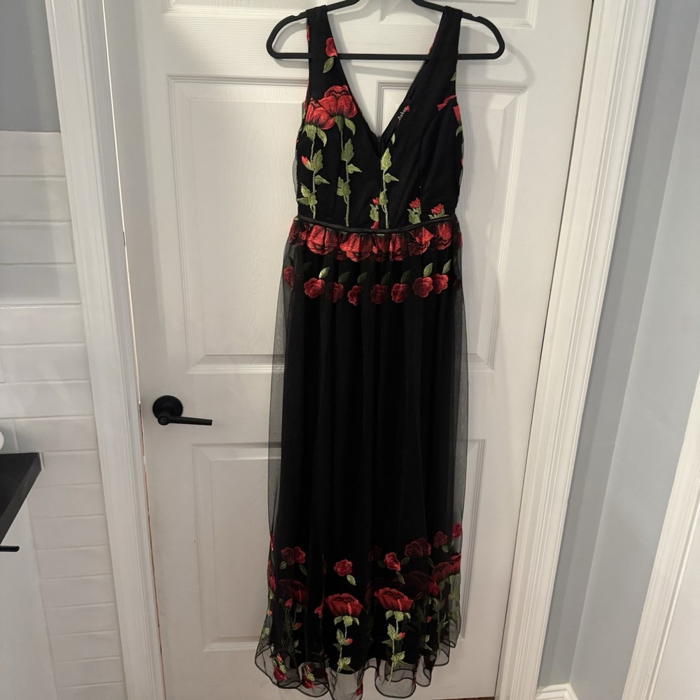 NEW Whimsigoth Embroidered Red Rose Maxi Dress Black Mesh Sheer Floral Sz S